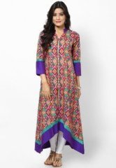 Raindrops Purple And Orange Front Zip Cotton Kurti women