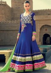 Sattika Poly Georgette Blue Embroidered Dress Material women