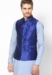 See Designs Blue Solid Slim Fit Nehru Jacket men