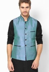 See Designs Green Solid Slim Fit Nehru Jacket men