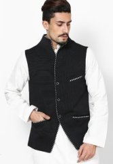 See Designs Solid Black Slim Fit Ethnic Jacket men