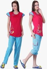 Skinwrap Red Printed Top Pyjama And Capri Set women