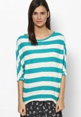 United Colors Of Benetton Blue Loose Slub Effect Striper Top women