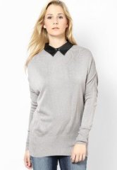 United Colors Of Benetton Grey Full Sleeve Top With Pu Collar women