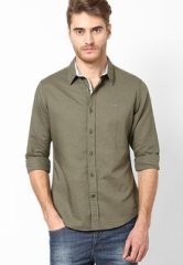 United Colors Of Benetton Olive Solid Full Sleeve Core Linen Shirt men