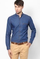 Velloche Denim Washed Chinese Collar Full Sleeve Shirt men