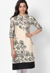 W Poly Crepe Cream Printed Kurta women