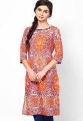 W Poly Crepe Orange Printed Kurta women