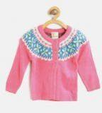 612 League Pink & Turquoise Blue Self Design Cardigan Girls