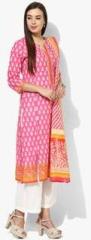 Biba Pink Printed Kurta Cullottes With Dupatta women