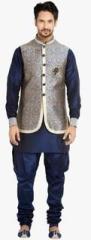 Manyavar Blue Printed Kurta Breeches Jackect And Brooch men