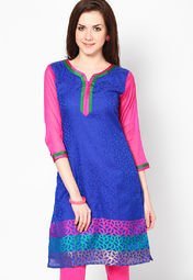 Abhishti 3/4Th Sleeve Blue Embroidered Kurti women