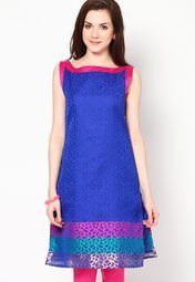 Abhishti Sleeve Less Blue Embroidered Kurti Women