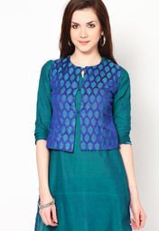 Abhishti Sleeve Less Green Printed Jacket Women