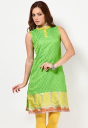 Abhishti Sleeve Less Self Pattern Green Kurti Women