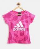 Adidas Pink Linear Print Round Neck T Shirt Girls