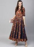 Aks Maroon & Navy Blue Kalamkari Print Anarkali Kurta women