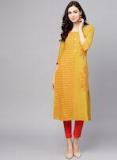 Aks Mustard Yellow & Orange Striped Straight Kurta with Printed Detail women