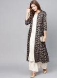 Aks Navy Blue & Golden Printed Longline Ethnic Jacket Women