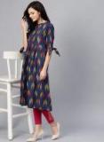 Aks Navy Blue & Pink Ikat Print A Line Kurta women