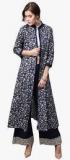 Aks Navy Blue Printed Long Jacket Women