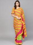 Aks Orange & Green Leheriya Print Saree Women