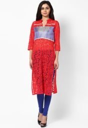 Aks Red Embroidered Kurta Women