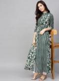 AKS Women Green & Off White Printed A Line Kurta