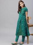 AKS Women Green Layered Printed A Line Kurta