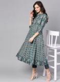 AKS Women Grey & Green Printed A Line Kurta