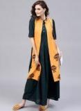 Aks Yellow & Brown Printed Longline Open Front Ethnic Jacket Women