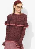 All About You Burgundy Self Design Ruffled Pullover Women