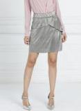 All About You Silver Coloured A Line Self Striped Mini Skirt Women