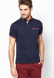 Andrew Hill Navy Blue Half Sleeve Henely T Shirt With Contrast Tipping At Pocket Men