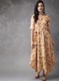 Anouk Beige Printed Fit And Fiare Ethnic Dress Women