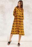 Anouk Mustard Yellow Coloured Printed Shift Dress Women