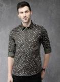 Anouk Olive Green & Rust Orange Regular Fit Printed Casual Shirt Men