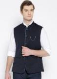 Arrow Navy Blue Self Striped Slim Fit Nehru Jacket Men