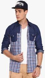 As Original By American Swan Navy Blue Checked Slim Fit Casual Shirt Men