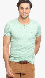 Basics Green Printed Henley T Shirts Men