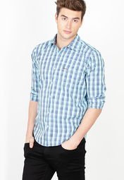 Basics Life Checks Aqua Blue Slim Fit Casual Shirt Men