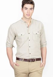 Basics Life Solid Beige Casual Shirt Men