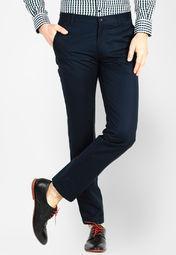 Basics Life Solid Navy Blue Slim Fit Formal Trouser men