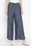 Biba Blue Self Design Wide Leg Palazzos Women