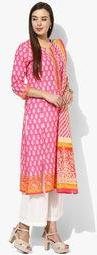 Biba Pink Printed Kurta Cullottes With Dupatta women