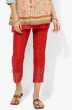 Biba Red Solid Slim Fit Coloured Pants Women