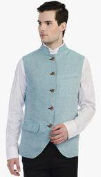 Blimey Aqua Blue Solid Regular Fit Reversible Nehru Jacket Men