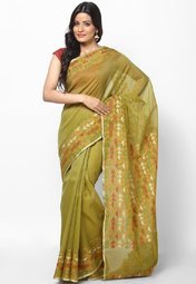 Bunkar I Green Sareemoonga Cotton Check Banarasi Aanchal Border Mehand Women