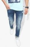 Celio Blue Slim Fit Mid Rise Low Distress Stretchable Jeans Men