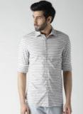 Celio Grey & White Regular Fit Striped Casual Shirt Men